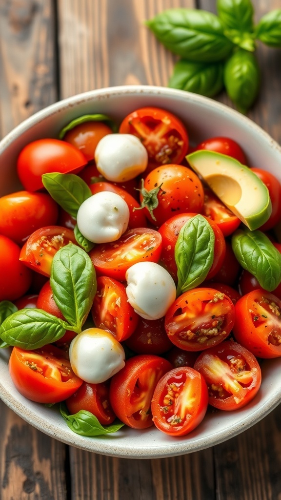 Fresh Tomato Basil Salad Recipe A colorful tomato basil salad with diced tomatoes, fresh basil, mozzarella balls, and avocado on a wooden table.